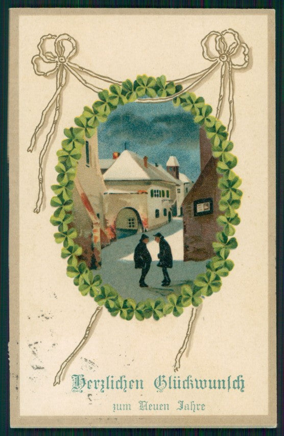 Art Nouveau Winter Four Leaf Clover Good Luck Relief serie 3128 postcard TC2743 – fronte