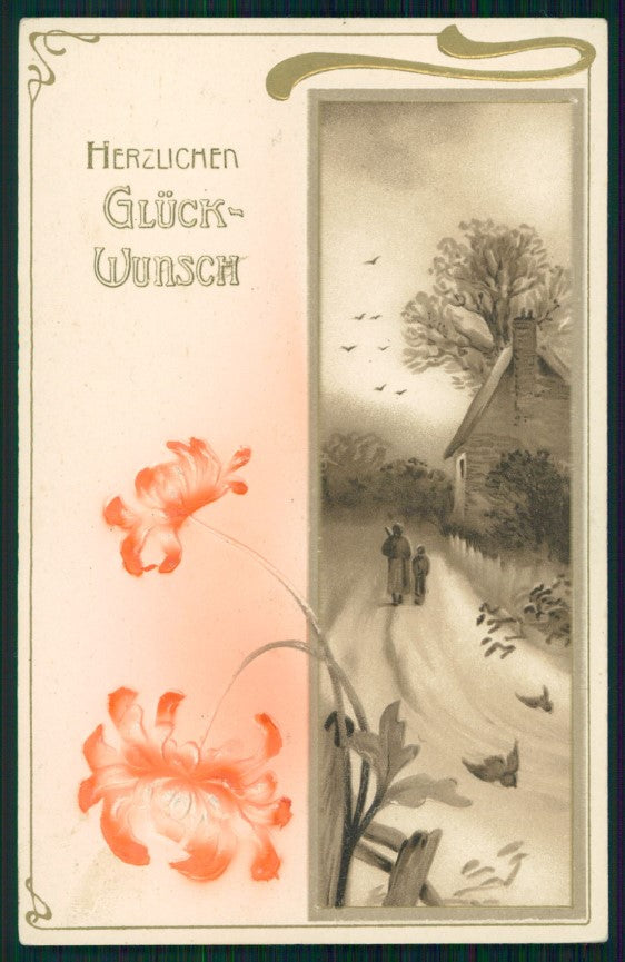 Art Nouveau Christmas Landscape Wishes Relief Erika PIN HOLE postcard TC2752 – fronte