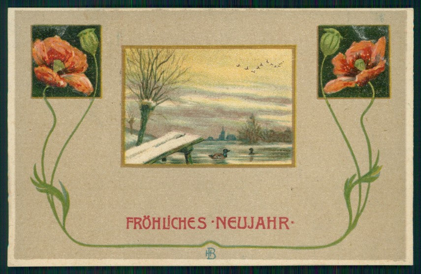Art Nouveau Winter Landscape Wishes Poppies HB PIN HOLE Relief postcard TC2757 – fronte