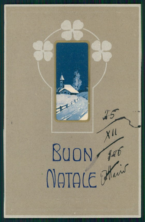 Art Nouveau Winter Landscape Wishes Four Leaf Clover Luck Relief postcard TC2781 – fronte