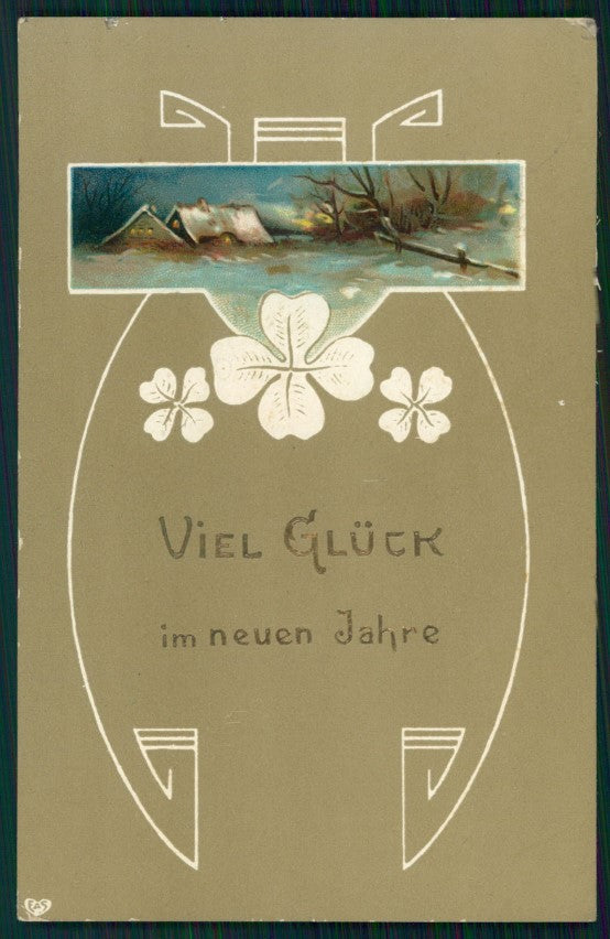 Art Nouveau Winter Landscape Wishes Four Leaf Clover Luck EAS postcard TC2782 – fronte