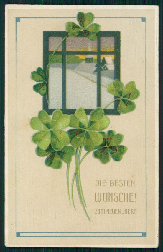 Art Nouveau Winter Landscape Wishes Four Leaf Clover Luck Relief postcard TC2785 – fronte