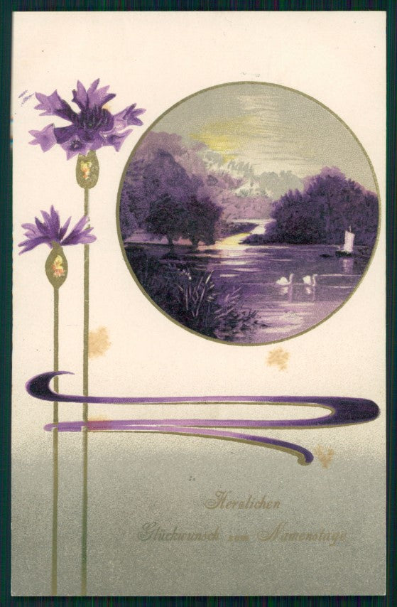 Art Nouveau Flowers Best Wishes Purple Landscape Relief PIN HOLE postcard TC2789 – fronte
