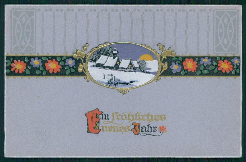 Art Nouveau Winter Landscape Flowers Best Wishes Relief postcard TC2797 – fronte