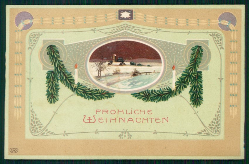 Art Nouveau Christmas Winter Landscape Best Wishes postcard TC2801 – fronte