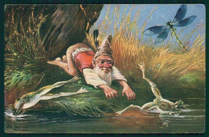 Artist Signed Schoman Gnome Zwerge Dwarf Frog Dragonfly 542 postcard TC2810 – fronte