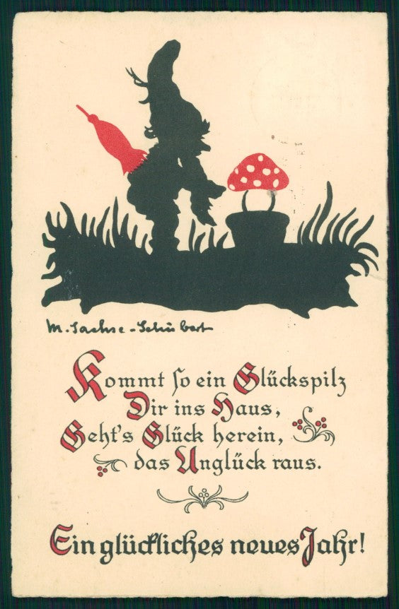 Artist Signed Gnome Zwerge Scherenschnitt Silhouette Mushroom postcard TC2819 – fronte