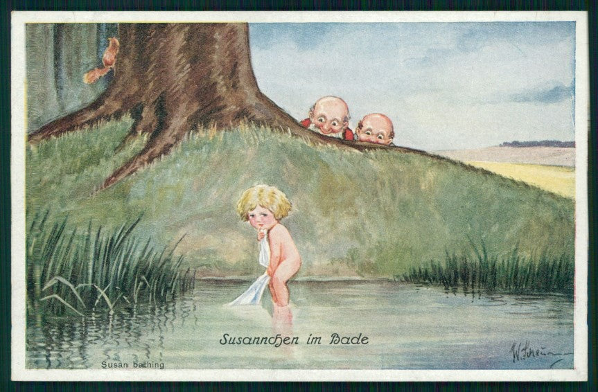 Artist Signed Gnome Zwerge Dwarf Susan Bathing serie 872 postcard TC2828 – fronte