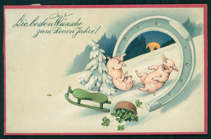Happy New Year Best Wishes Pig Leaf Clover Luck Relief 3226 postcard TC2866 – fronte