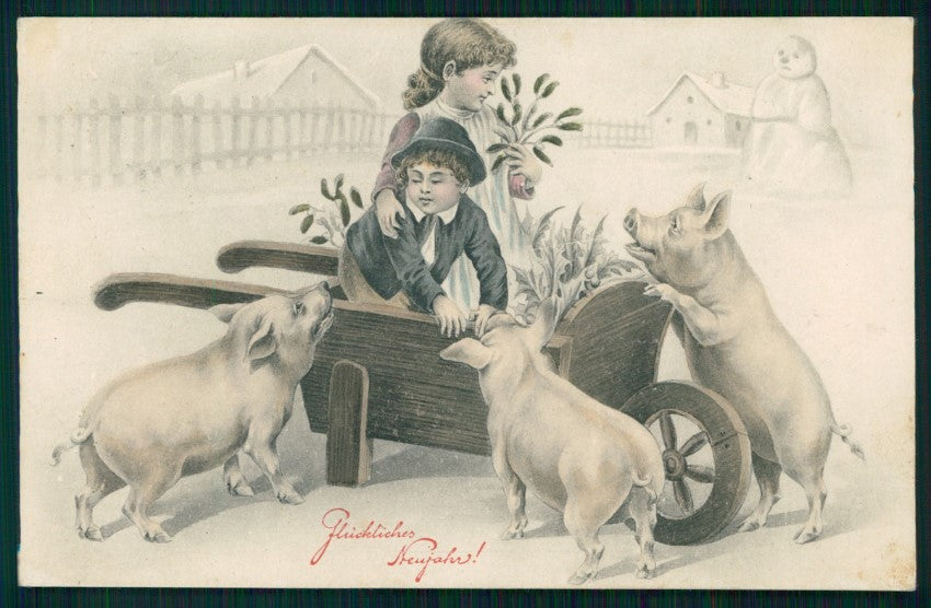 Viennoise Pig Schwein Children Snowman 5014 postcard TC2871 – fronte