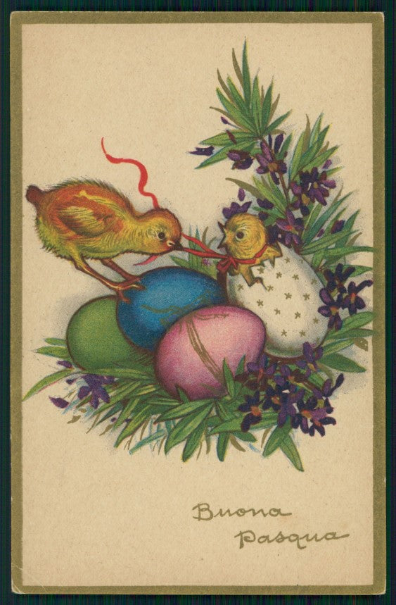 Busi Happy Easter Egg Chick Purple Violets Degami serie 839 postcard TC2887 – fronte