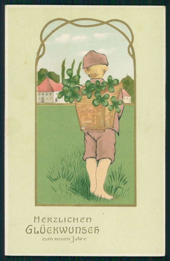 Boy Four Leaf Clover Luck Relief Erika serie 2576 PIN HOLE postcard TC2919 – fronte