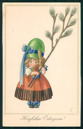 Happy Easter Best Wishes Girl Rabbit Eggs Hat Meissner Buch 2582 postcard TC2931 – fronte