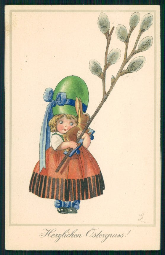 Happy Easter Best Wishes Girl Rabbit Eggs Hat Meissner Buch 2582 postcard TC2931 – fronte
