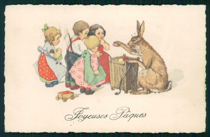 Happy Easter Childrenb Best Wishes Rabbit Eggs 6329 ABRADED postcard TC2945 – fronte
