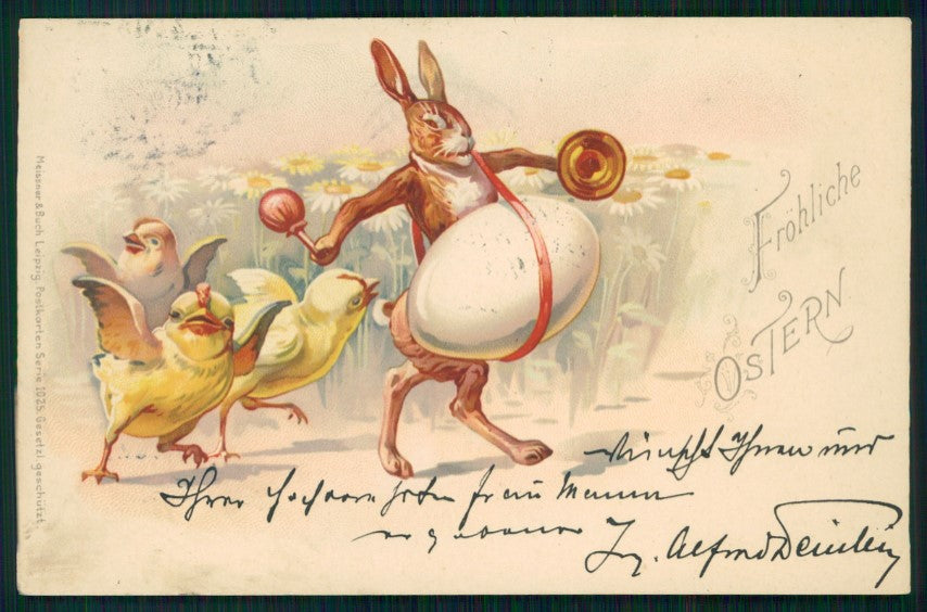 Happy Easter Wishes Rabbit Egg Music Band Meissner Buch 1025 postcard TC2948 – fronte