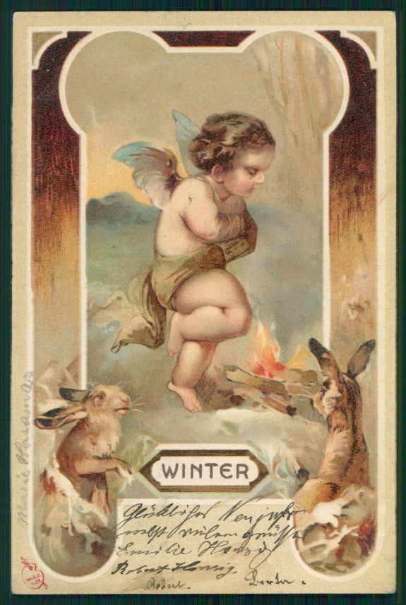 Art Nouveau Season Winter Angel Rabbit postcard TC2959 – fronte