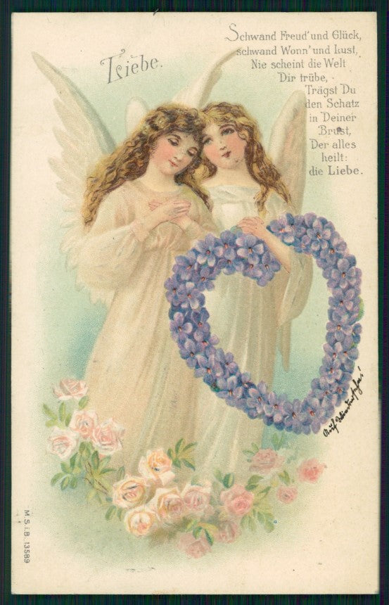 Angel Purple Violets Relief Heart M.S.i.B. 13589 postcard TC2979 – fronte