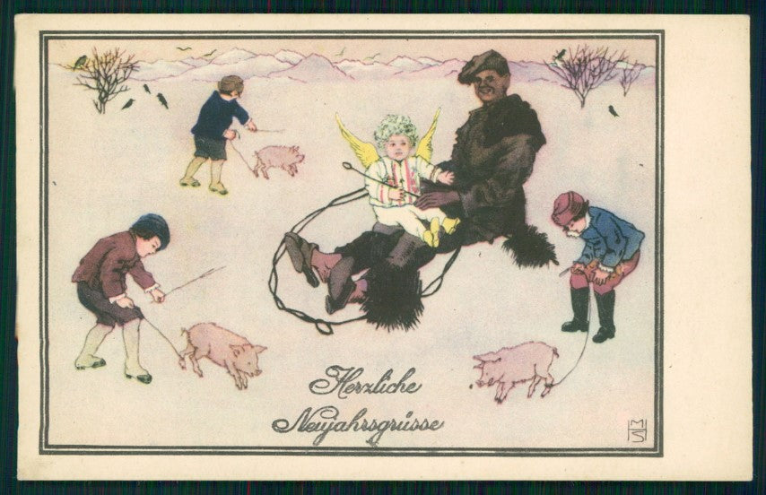 Angel Chimney Sweep Pig Winter Landscape MHS B K W I 3140-3 postcard TC2987 – fronte