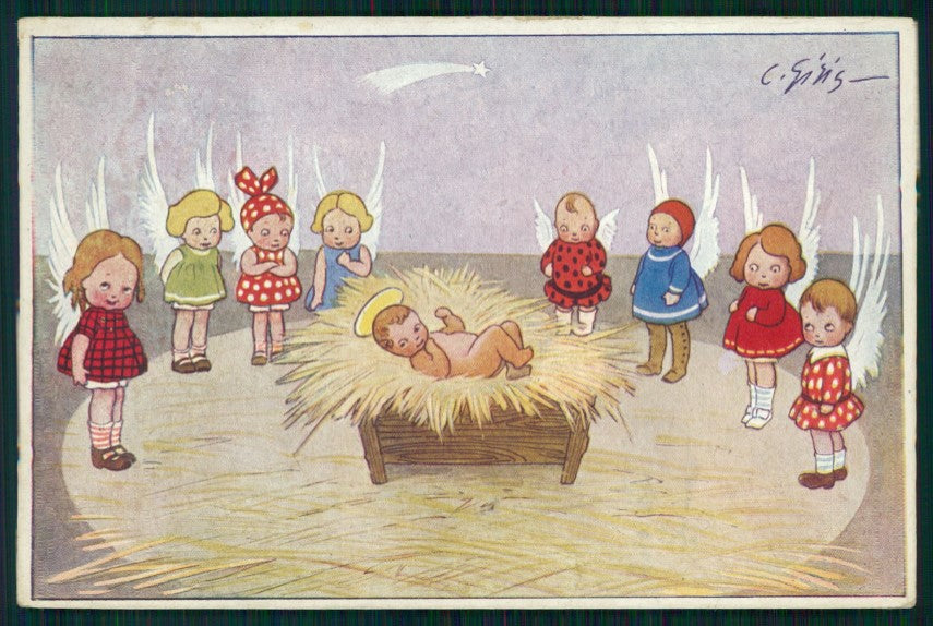 Artist Signed Giris Christmas Jesus surronded by the Angels postcard TC2990 – fronte