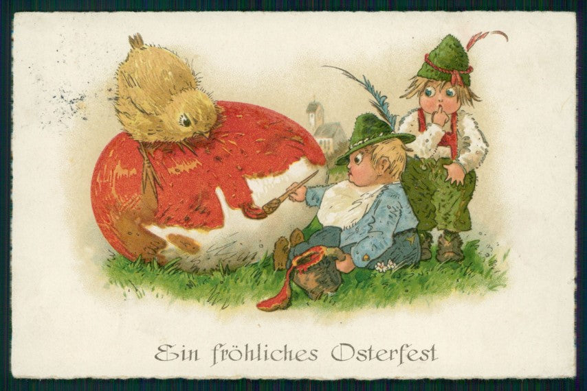 Artist Signed F. Baumgarten ? Happy Easter Boy Chick Egg postcard TC3009 – fronte
