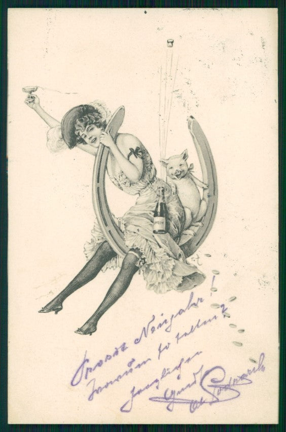 Artist Signed Viennoise Toasting Lady Pig Theo Stroefer 205 10 postcard TC3042 – fronte