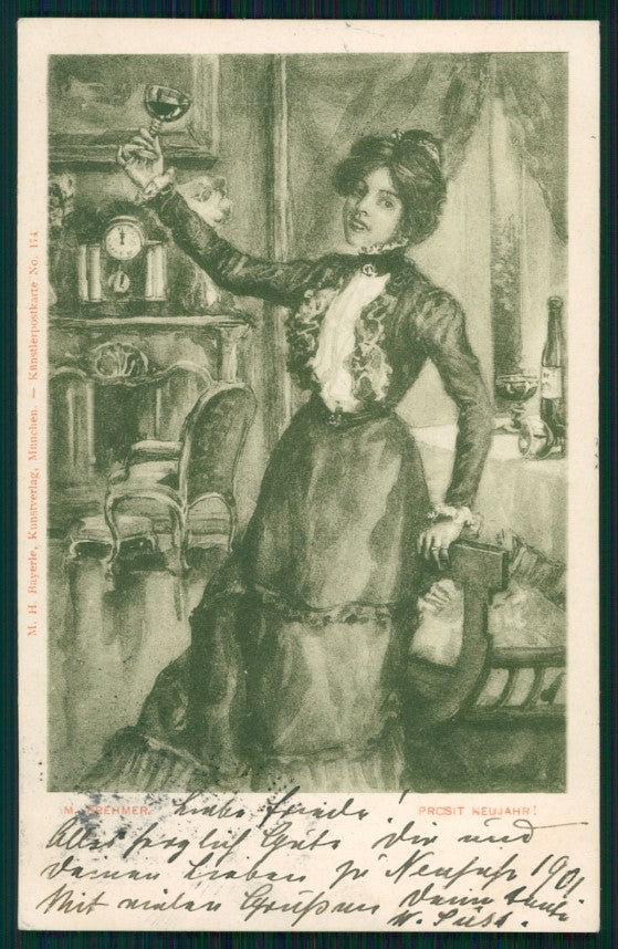Artist Signed M. Brehmer Viennoise Toasting Lady serie 174 postcard TC3048 – fronte
