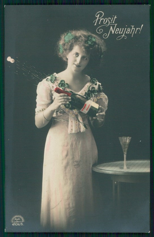Toasting Lady New Year Four Leaf Clover Luck serie 4934 6 RPPC postcard TC3052 – fronte