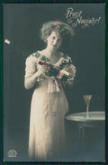 Toasting Lady New Year Four Leaf Clover Luck serie 4934 6 RPPC postcard TC3052 – fronte