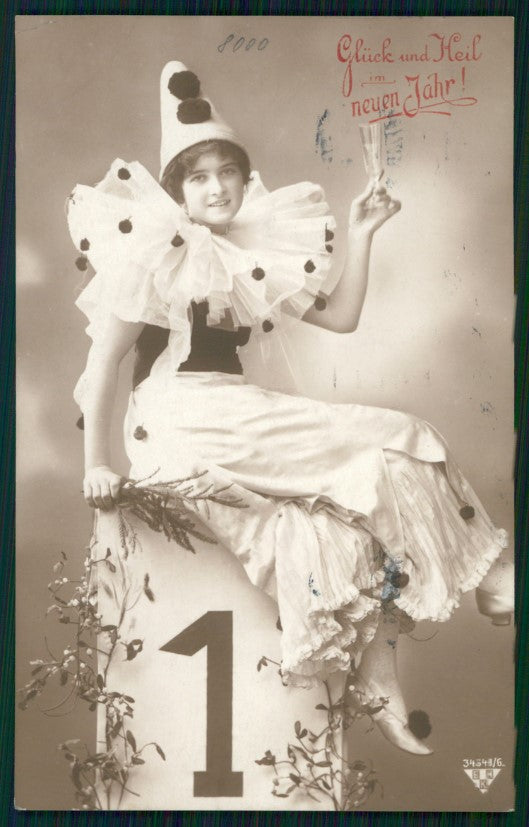 Toasting Pierrot Lady Misteltoe BNK RPPC serie 34349 6 postcard TC3056 – fronte