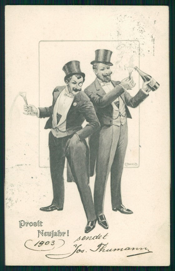 Artist Signed Benesch Toasting Men New Year postcard TC3059 – fronte