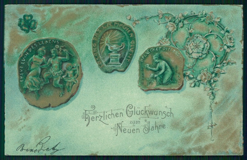 Art Nouveau Happy New Year Four Leaf Clover Luck Relief postcard TC3098 – fronte