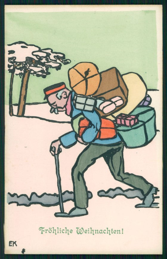 Artist Signed F. K. Weihnachten Christmas Postman hand painted postcard TC3104 – fronte