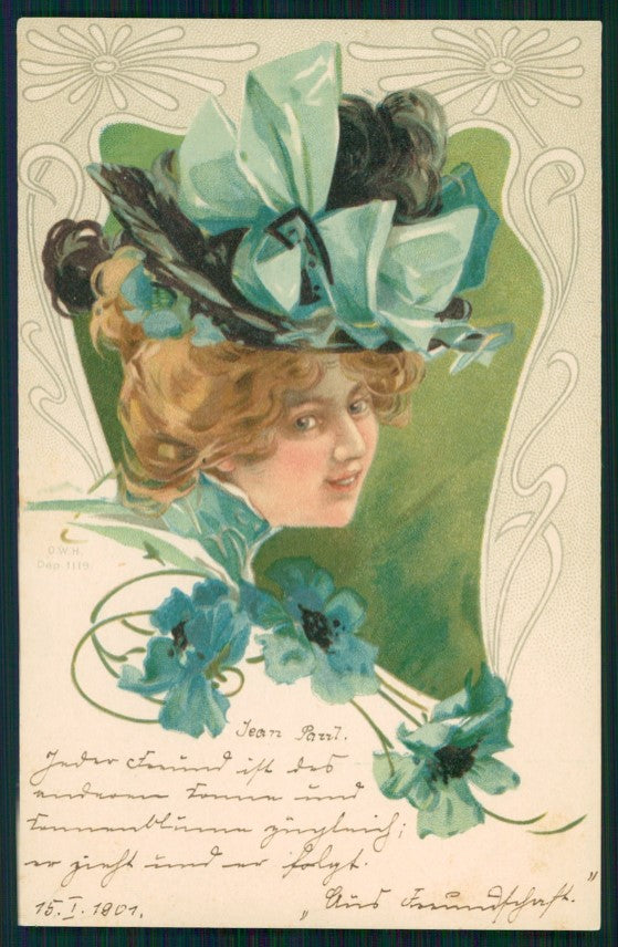 Art Nouveau Lady and Flowers O W H postcard TC3107 – fronte