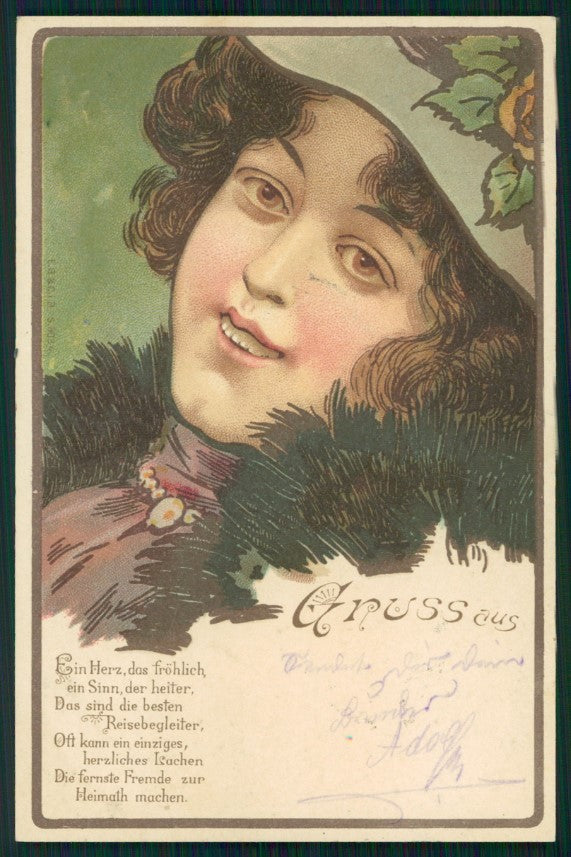 Art Nouveau Glamour Fashion Lady Gruss aus postcard TC3108 – fronte