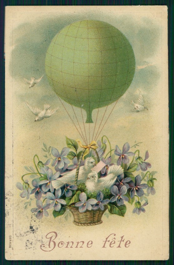 Hot Air Balloon Dove Purple Violets Relief serie 638 postcard TC3114 – fronte