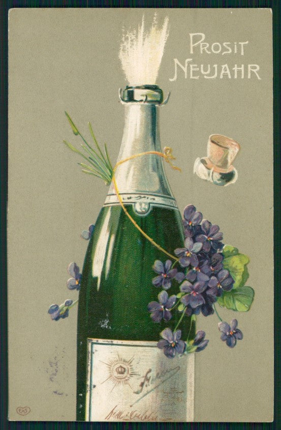 Happy New Year Purple Violets Toasting EAS Relief postcard TC3116 – fronte