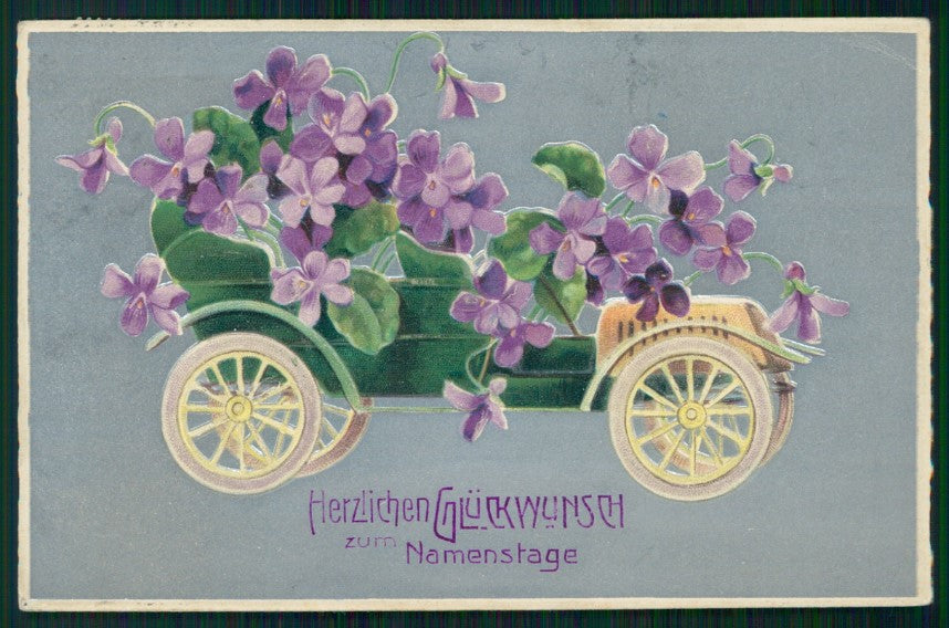 Art Nouveau Car Purple Violets Relief postcard TC3117 – fronte