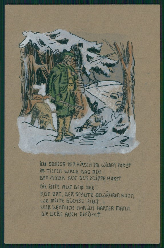 Hunting Winter Landscape Hand Painted postcard TC3119 – fronte
