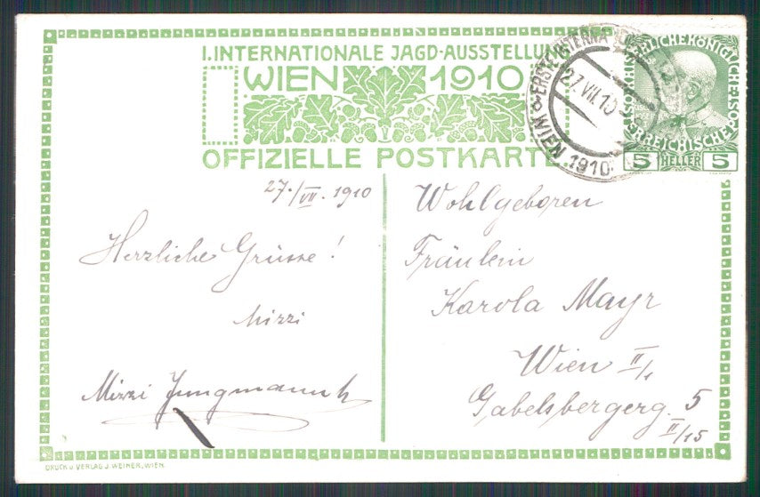 Artist Signed Ulf. Seidl Jagd Caccia Ausstellung Wien 1910 postcard TC3255 – retro