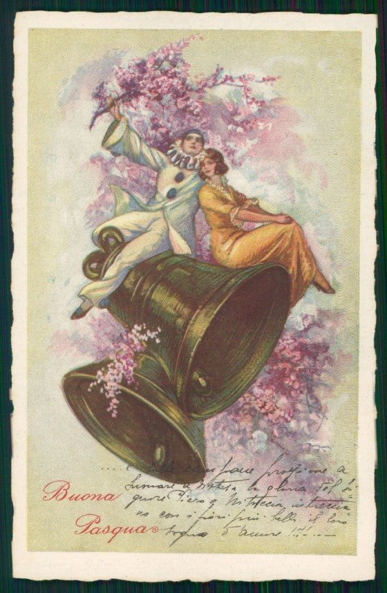 Artist Signed Corbella Lady Pierrot Easter Bell Degami serie 940 postcard TC3377 – fronte