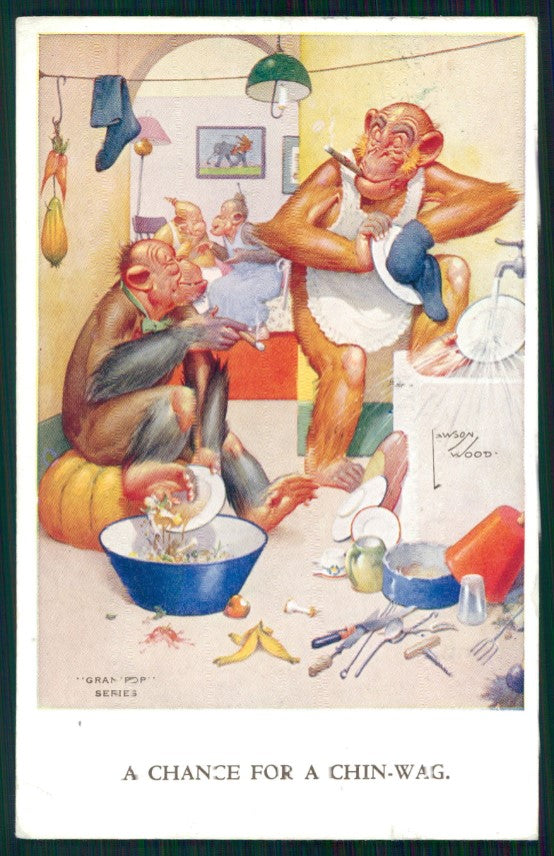 Artist Signed Lawson Wood Dressed Monkeys serie 1984 TEARED postcard TC3413 – fronte