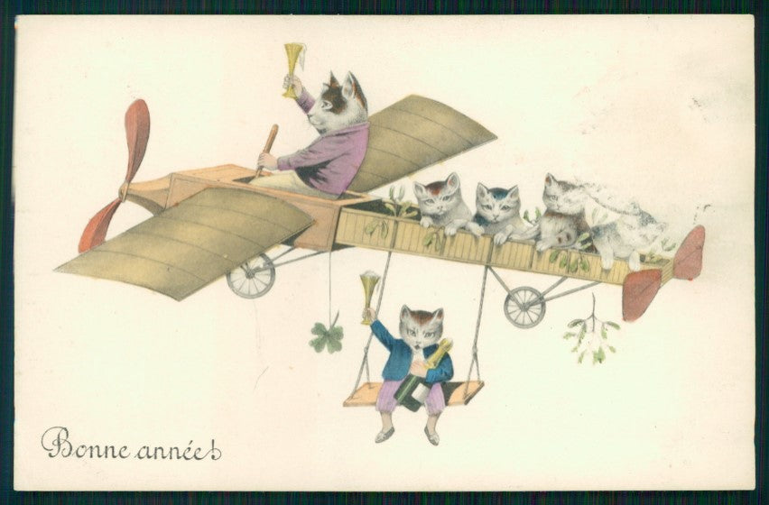 Gatto Toasting Dressed Cat Katze Four Leaf Clover serie 818 postcard TC3436 – fronte