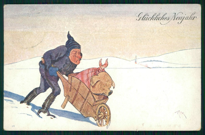 Artist Signed R. Pick Pig Winter Landscape B K W I serie 2638-1 postcard TC3454 – fronte