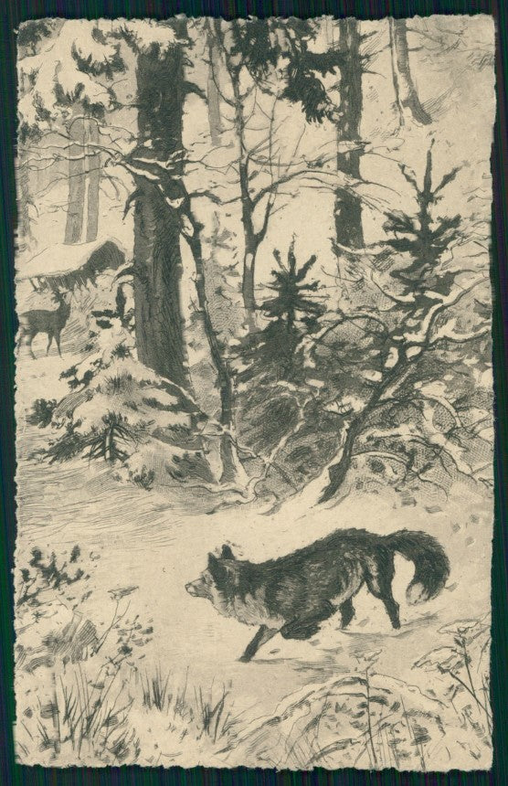 Deer Fox Winter Landscape postcard TC3471 – fronte