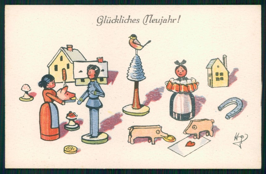 Artist Signed H. G. New Year Pig Horseshoe Playing Card B K W I 235-4 pc TC3473 – fronte