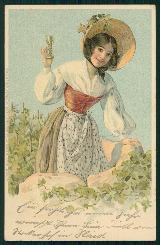 Glamour Toasting Lady Harvest Ernte Vendemmia Meissner Buch 1232 postcard TC3531 – fronte