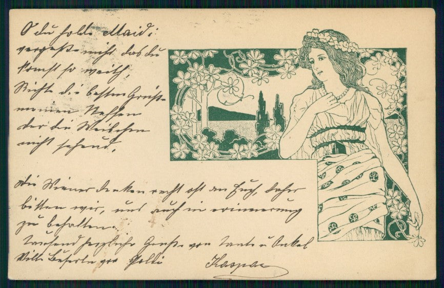 Art Nouveau Lady Spring Landscape postcard TC3534 – fronte
