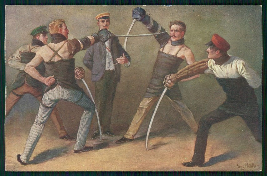Artist Signed G. Mühlberg Studentenleben Students Life Fencing postcard TC3539 – fronte