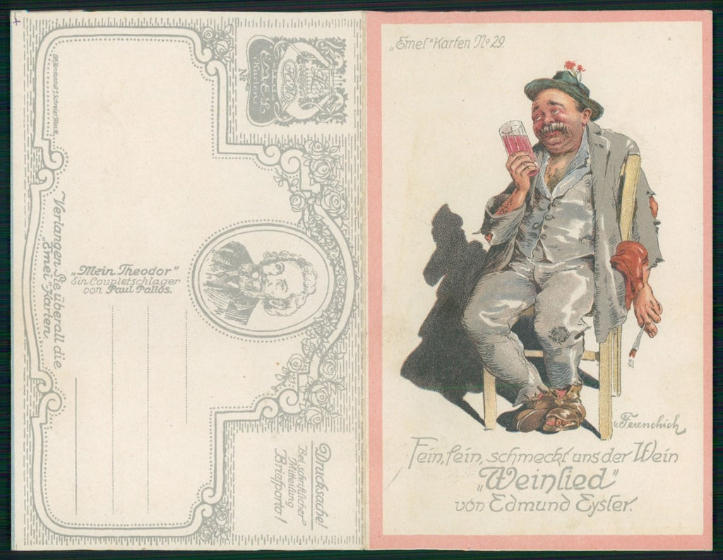 Artist Signed Betrunkener Mann Drinker Weinlied Operette postcard TC3595 – fronte